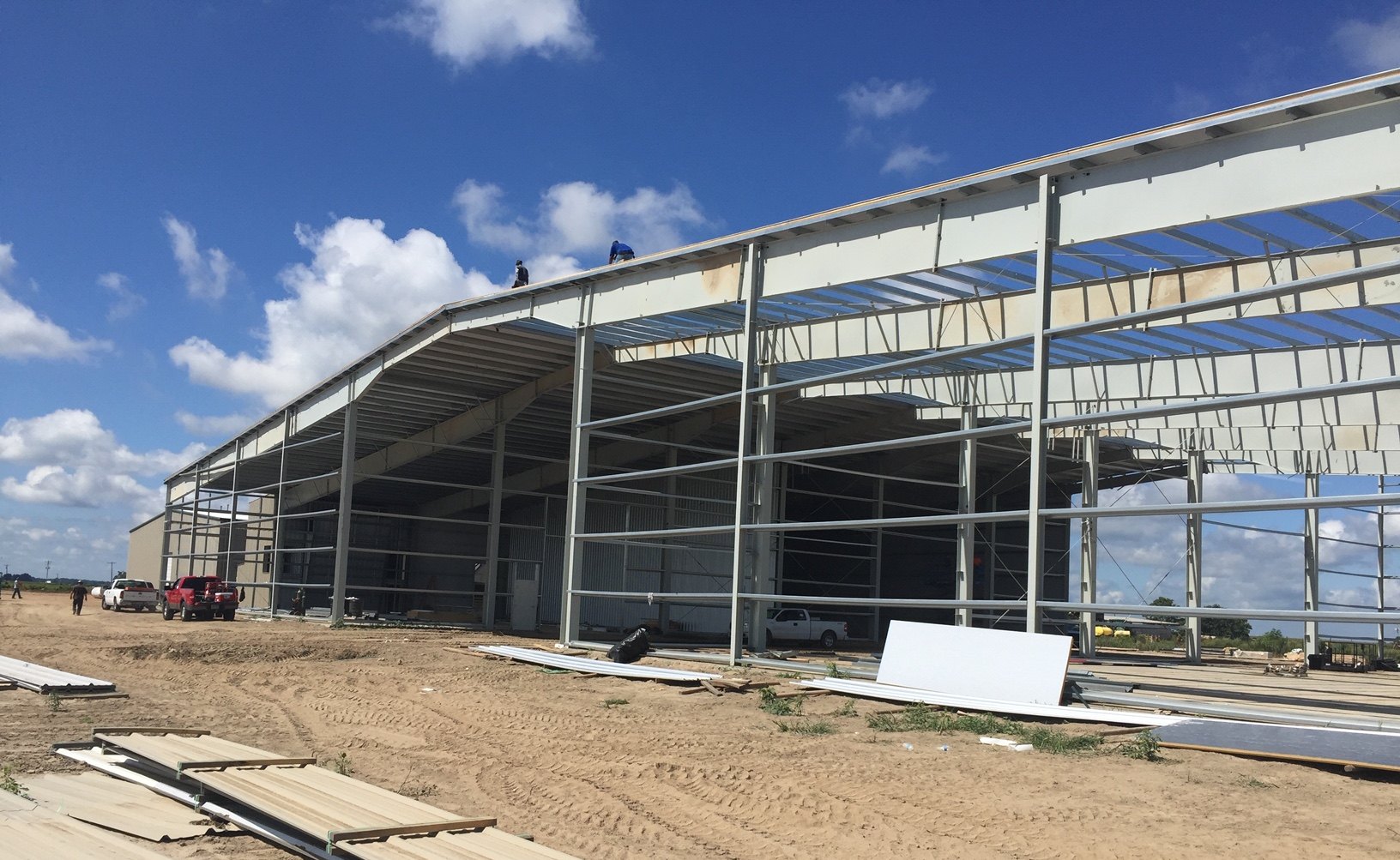 Steel frame of the 50,000 square foot Sweet Potato Warehouse under construction in Belzoni, Mississippi